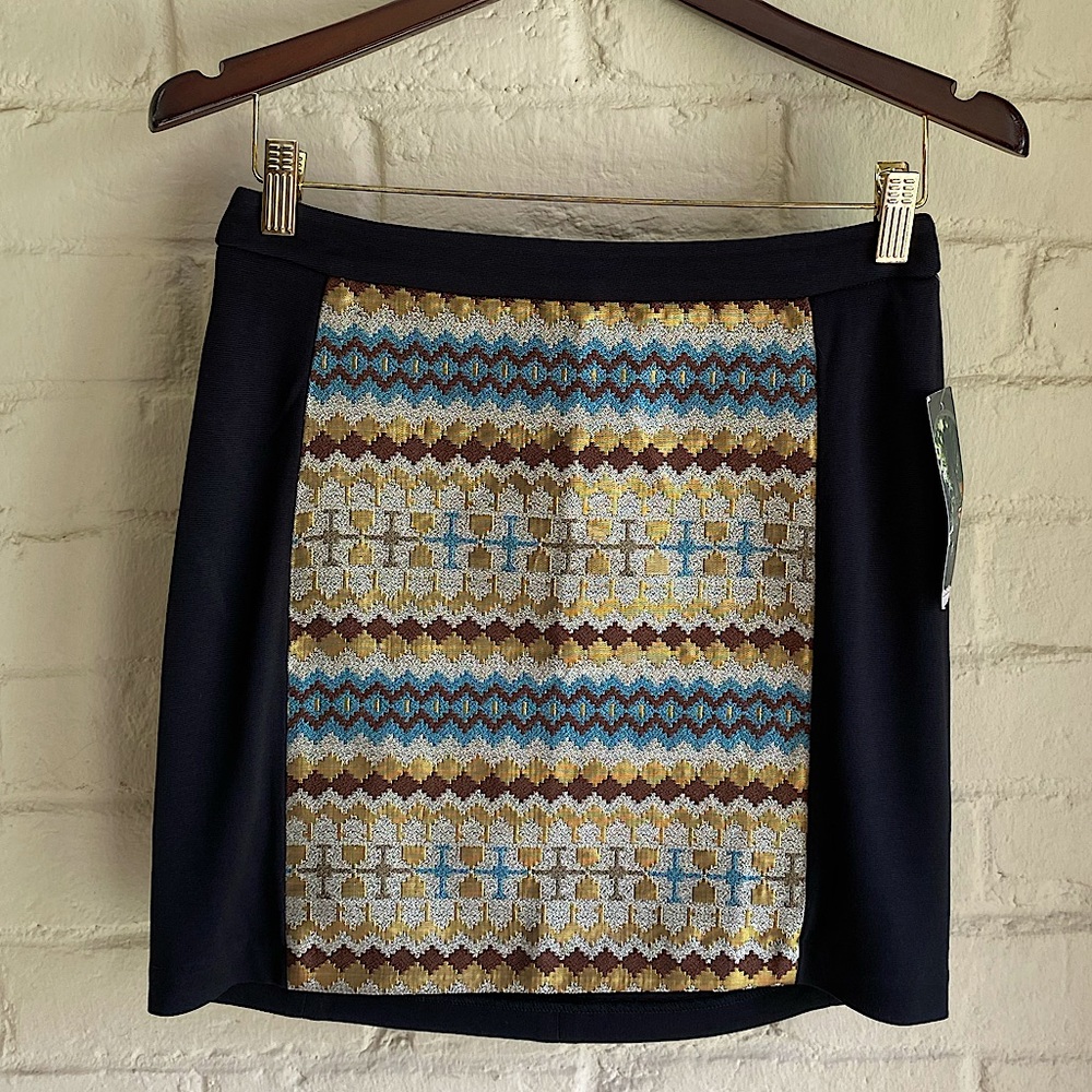 Nordstrom Ambar size 4 black gold blue and cream pencil skirt ebony tribal